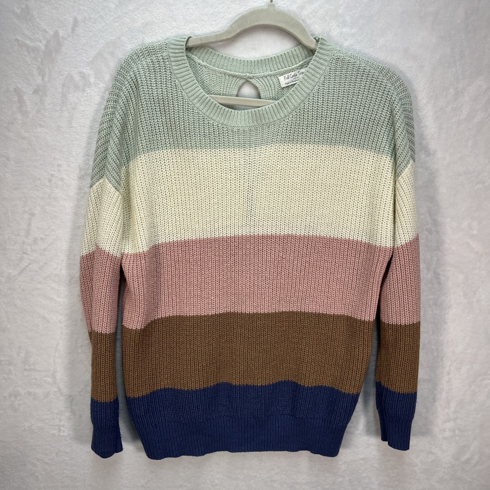 Full Circle Trends Knit Sweater Womens Medium Striped Tie Back Keyhole Back